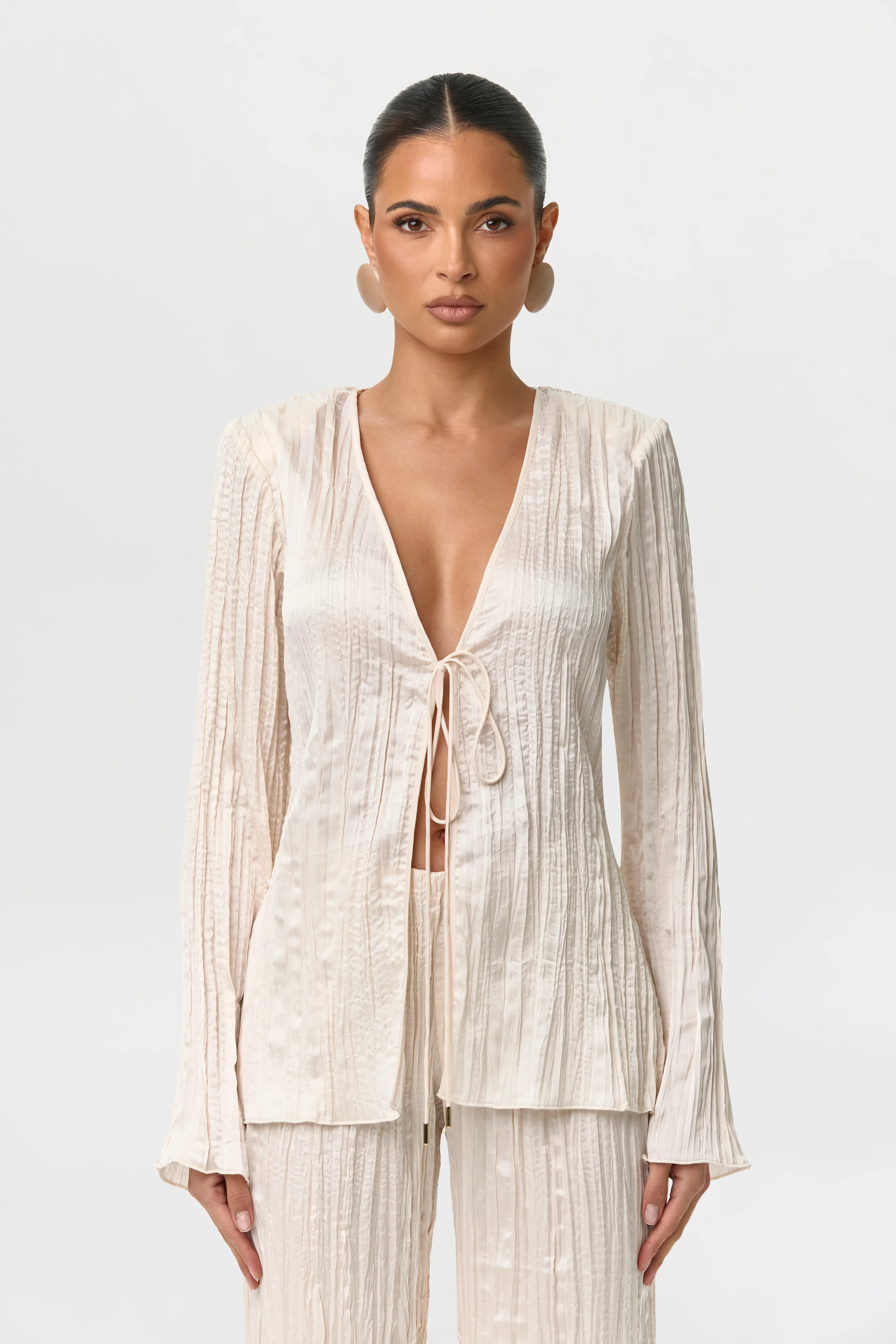 Satin Plissé V-Neck Top