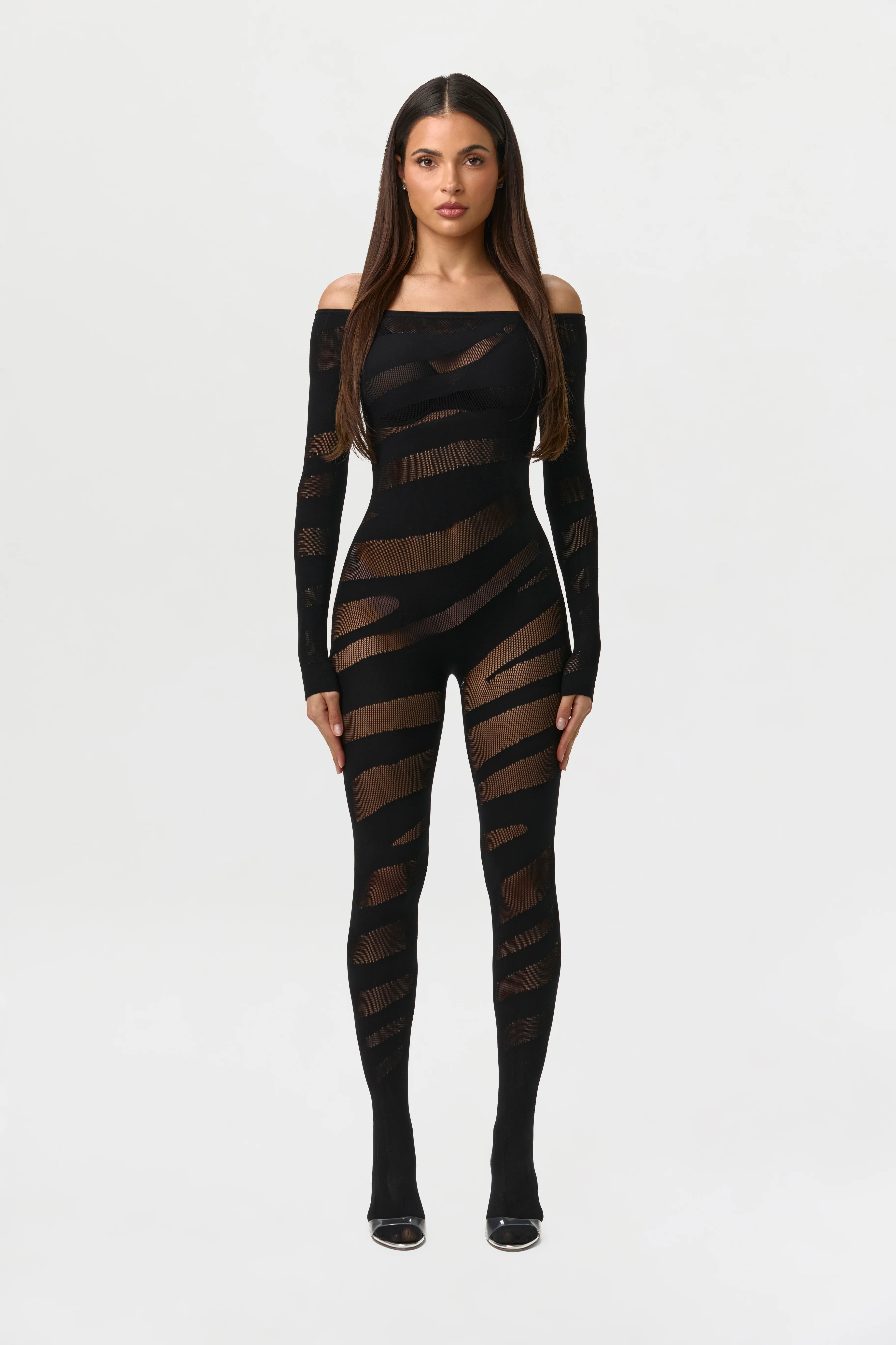 Mesh Fishnet Off-Shoulder Jumpsuit