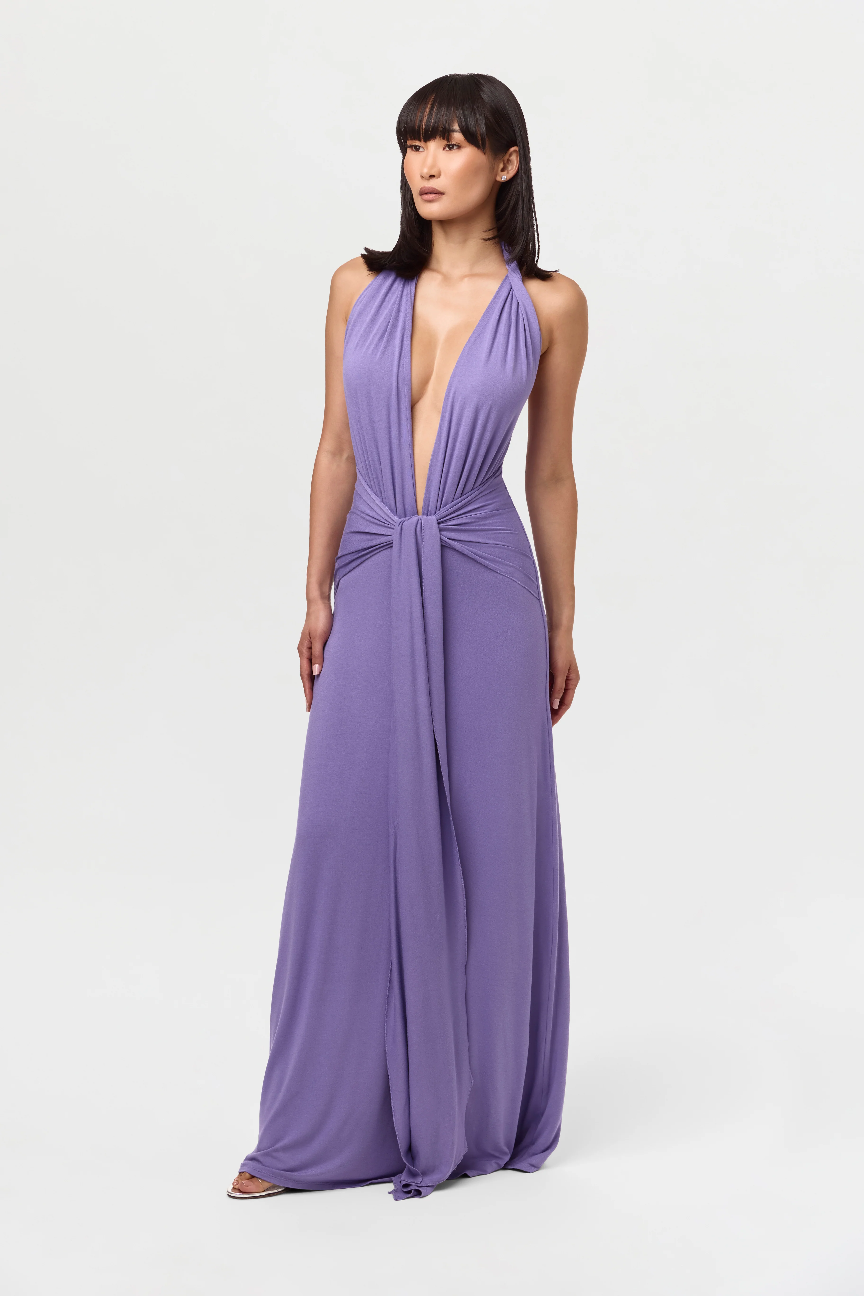 Smooth Halter Plunge Drape Tie Dress - Image 3