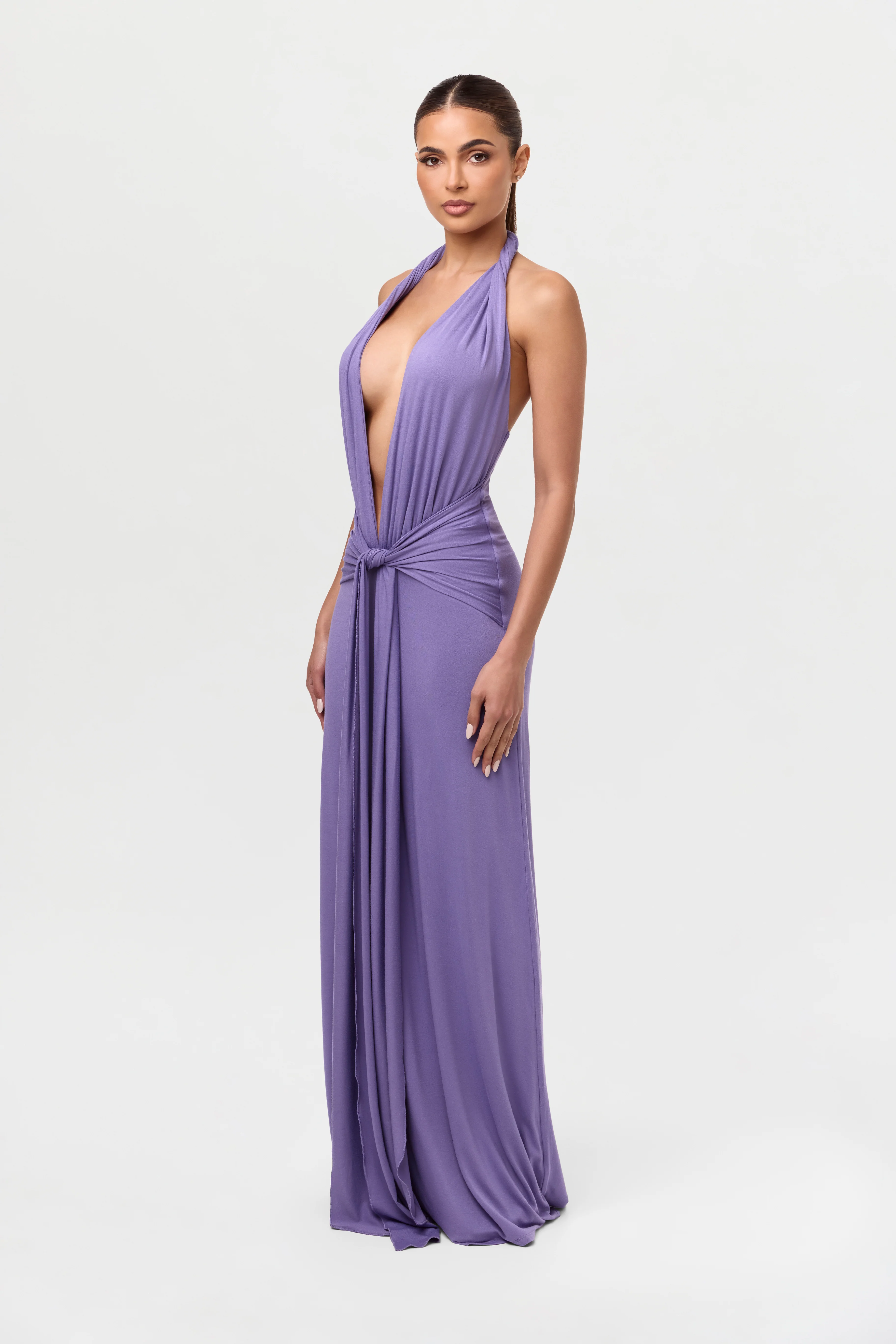Smooth Halter Plunge Drape Tie Dress - Image 7